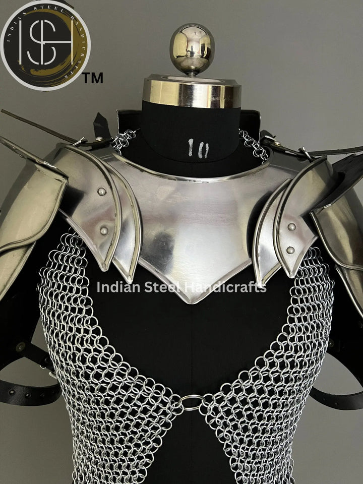 Female Knight Armor: Steel Gorget, Pouldron & Chainmail - LARP Cosplay