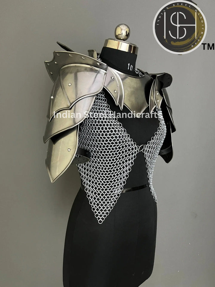 Female Knight Armor: Steel Gorget, Pouldron & Chainmail - LARP Cosplay