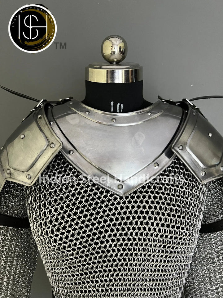 Female Knight Armor: Steel Gorget, Pouldron & Chainmail - LARP Cosplay