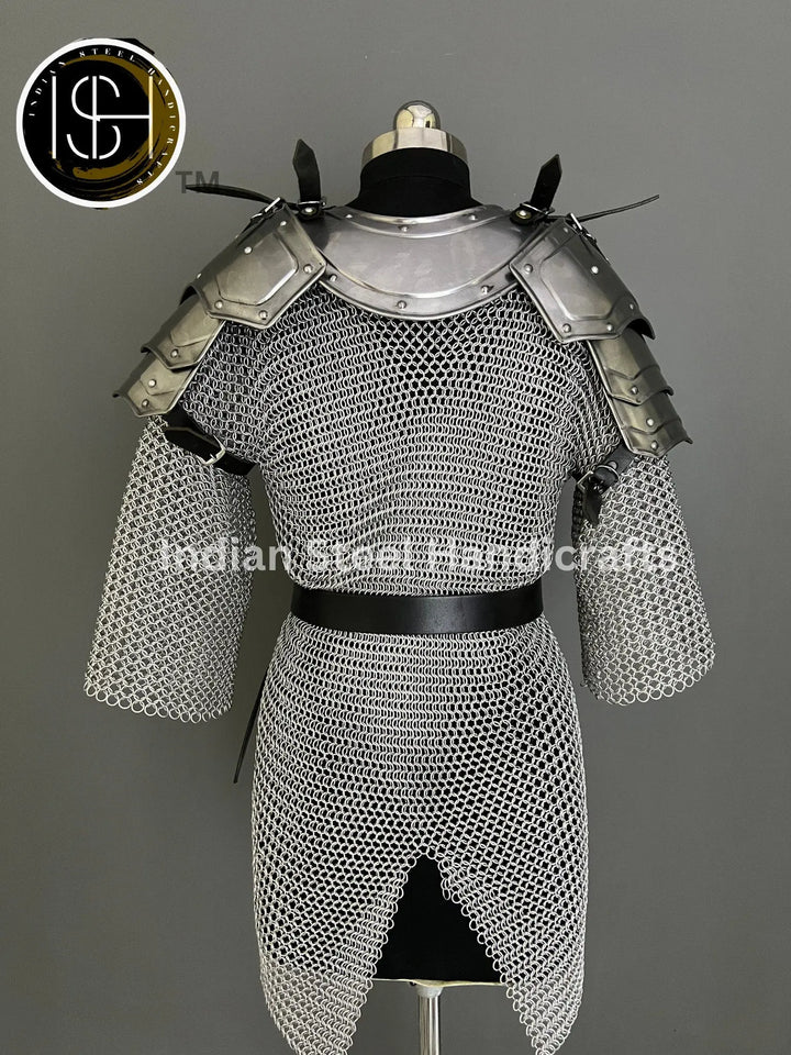 Female Knight Armor: Steel Gorget, Pouldron & Chainmail - LARP Cosplay