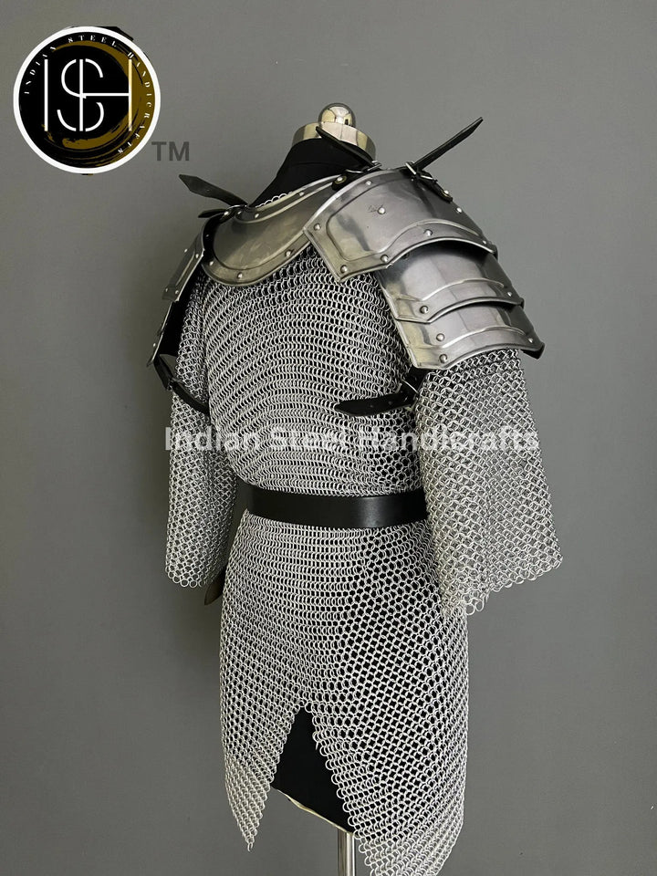 Female Knight Armor: Steel Gorget, Pouldron & Chainmail - LARP Cosplay