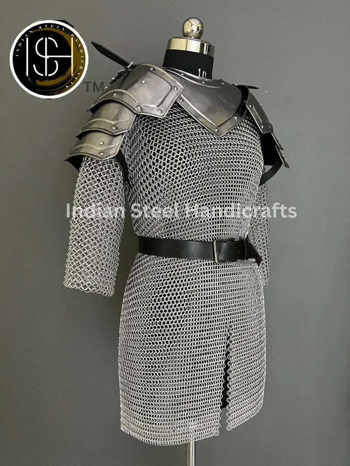 Female Knight Armor: Steel Gorget, Pouldron & Chainmail - LARP Cosplay