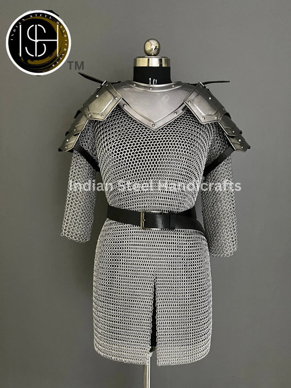 Female Knight Armor: Steel Gorget, Pouldron & Chainmail - LARP Cosplay