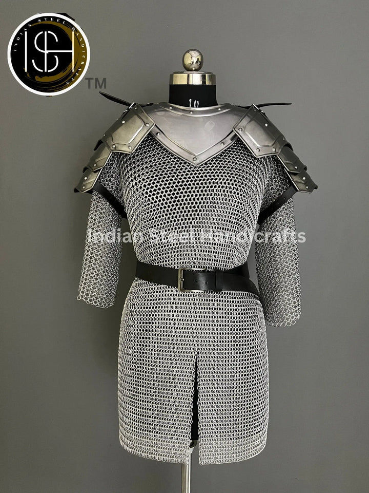 Female Knight Armor: Steel Gorget, Pouldron & Chainmail - LARP Cosplay