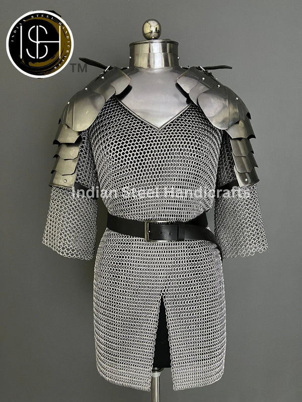 Female Knight Steel Armor: Gorget, Pouldron, Chainmail - LARP Cosplay