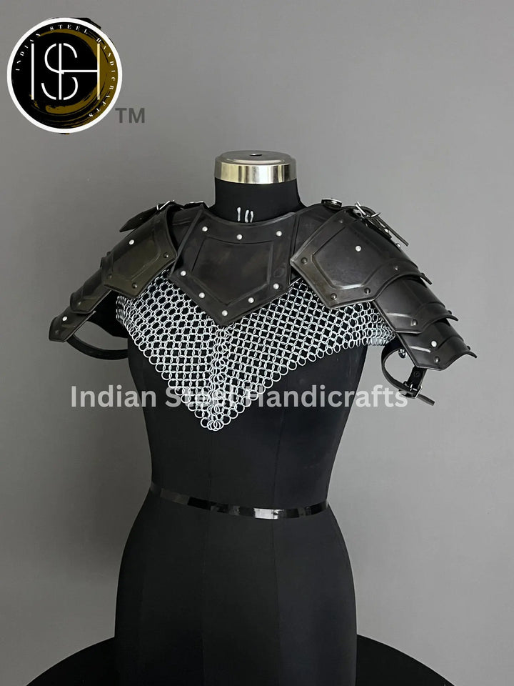 Female Knight Armor: Steel Gorget & Pouldron, Chainmail Top - LARP Cosplay