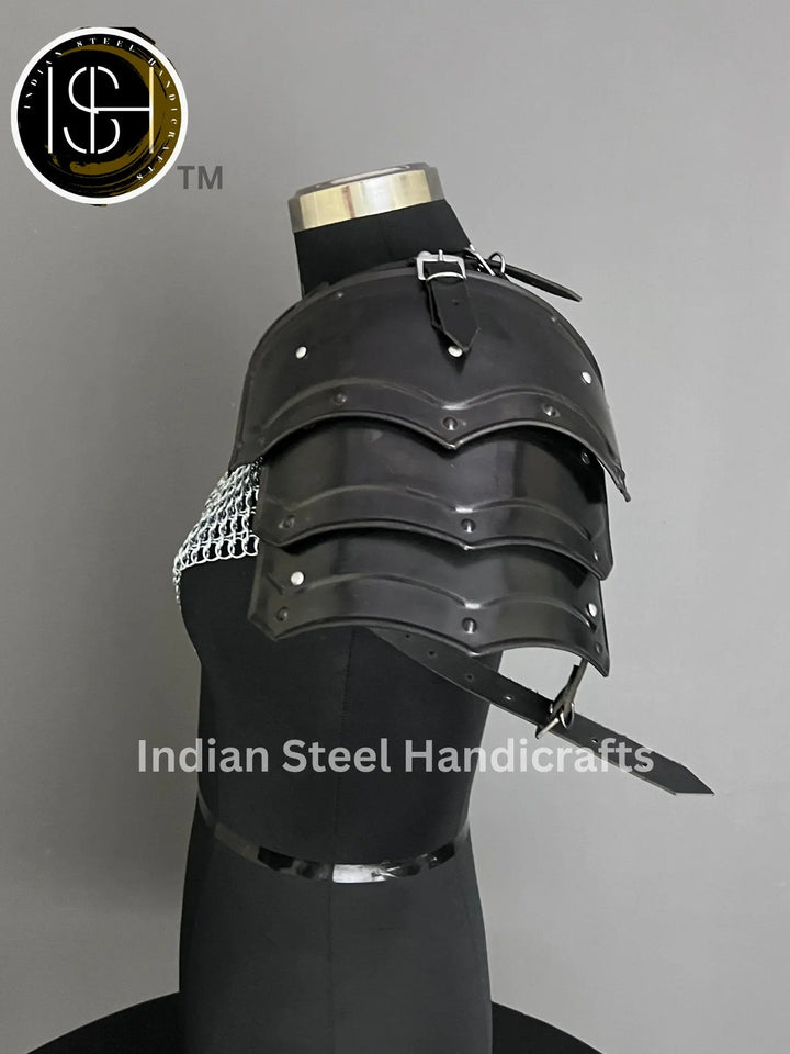 Female Knight Armor: Steel Gorget & Pouldron, Chainmail Top - LARP Cosplay