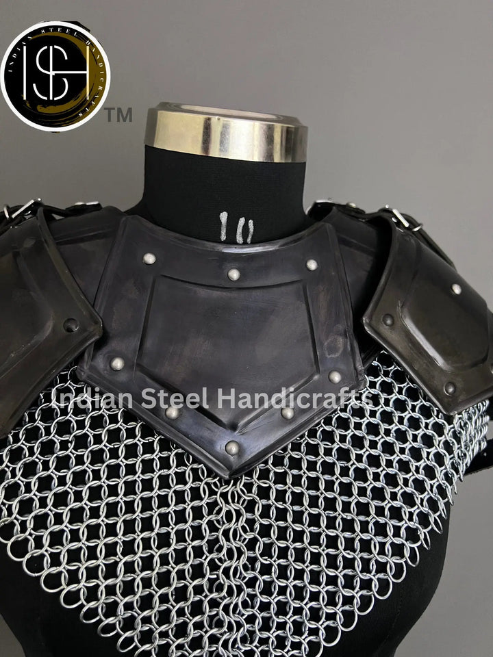 Female Knight Armor: Steel Gorget & Pouldron, Chainmail Top - LARP Cosplay