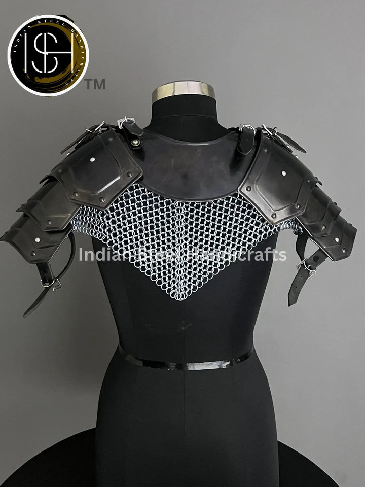Female Knight Armor: Steel Gorget & Pouldron, Chainmail Top - LARP Cosplay