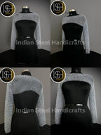 Chainmail Silver Long Sleeves Shrug, Handmade Loose Cropped Pullover Top, Elegant & Most Beautiful Wedding Costume, Halloween Cosplay Gift ISH Collection