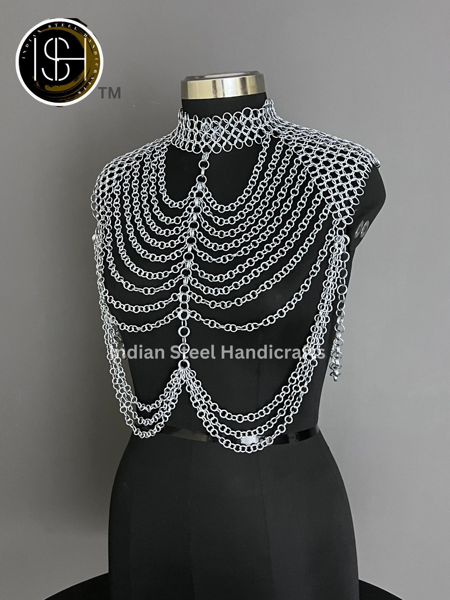 Chainmail Harness, Shoulder jewelry, Chainmaile Chains Layers Jump Rings Costume, Choker Neck, Wedding Cosplay Costume, Rave Outfits Gift.