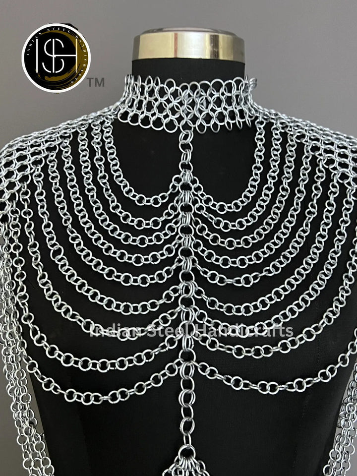 Chainmail Harness, Shoulder jewelry, Chainmaile Chains Layers Jump Rings Costume, Choker Neck, Wedding Cosplay Costume, Rave Outfits Gift. ISH Collection