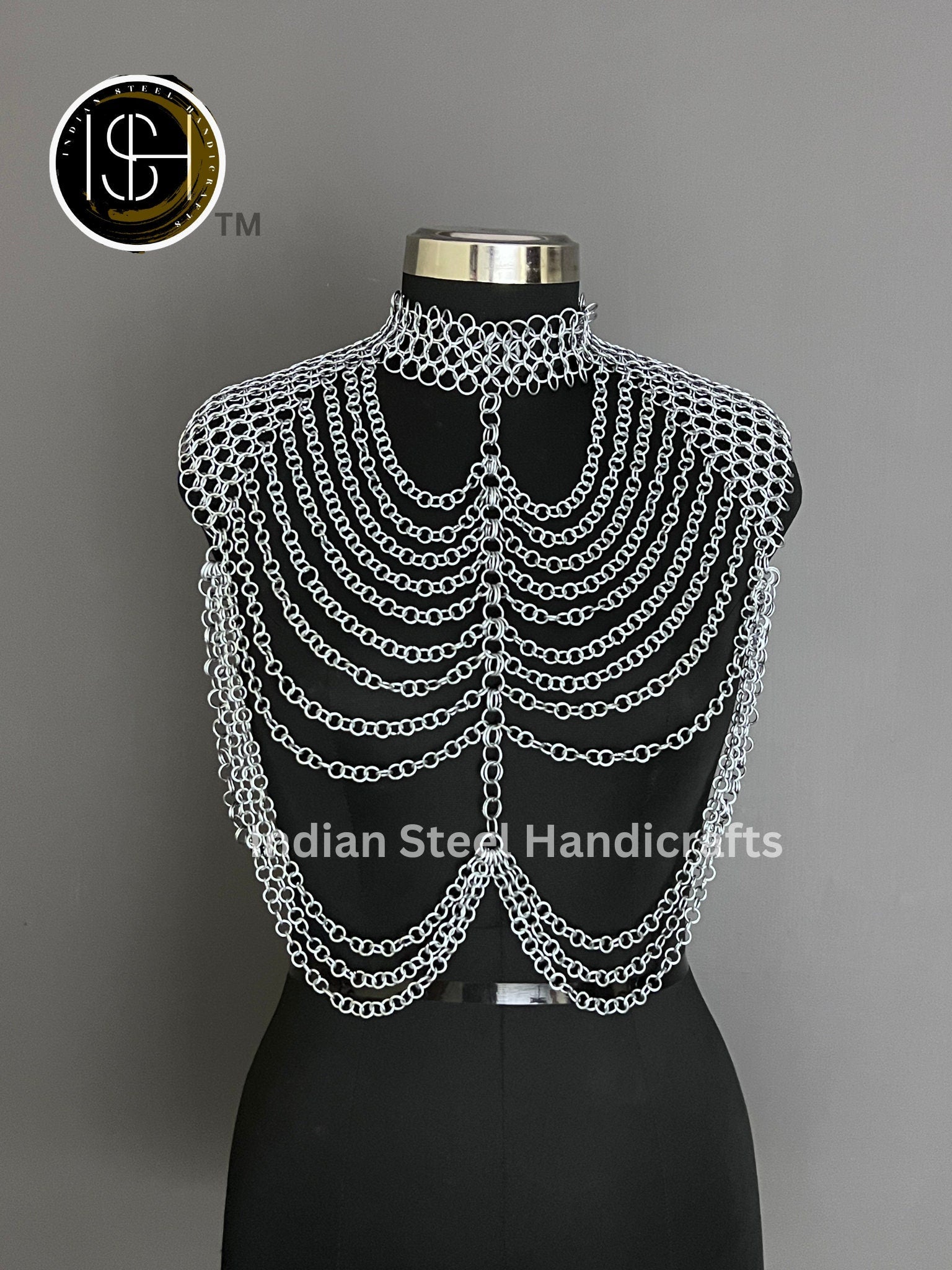 Chainmail Harness, Shoulder jewelry, Chainmaile Chains Layers Jump Rings Costume, Choker Neck, Wedding Cosplay Costume, Rave Outfits Gift.