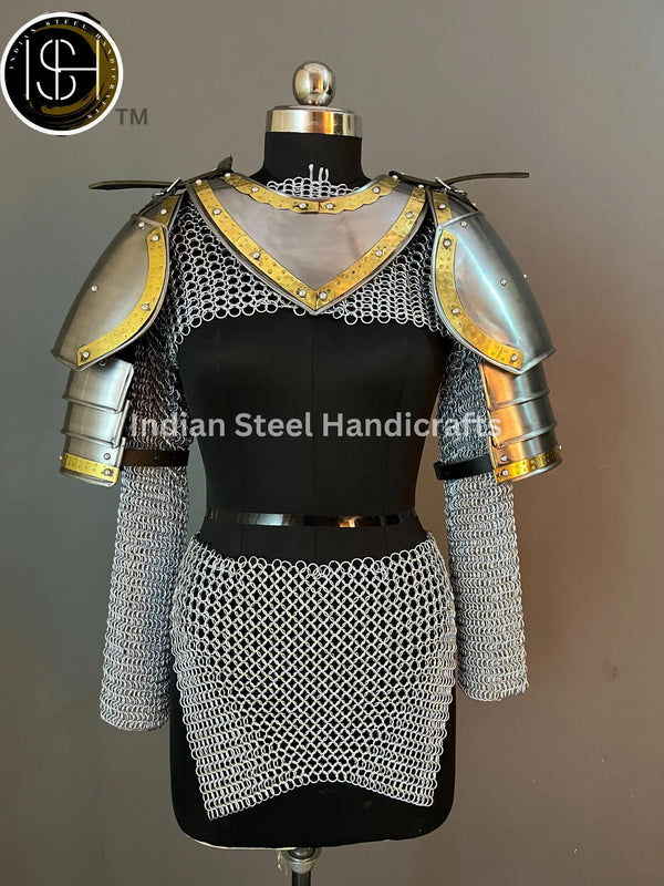 Medieval Steel Pouldron Gorget Armor: Hussar Chainmail, LARP Cosplay