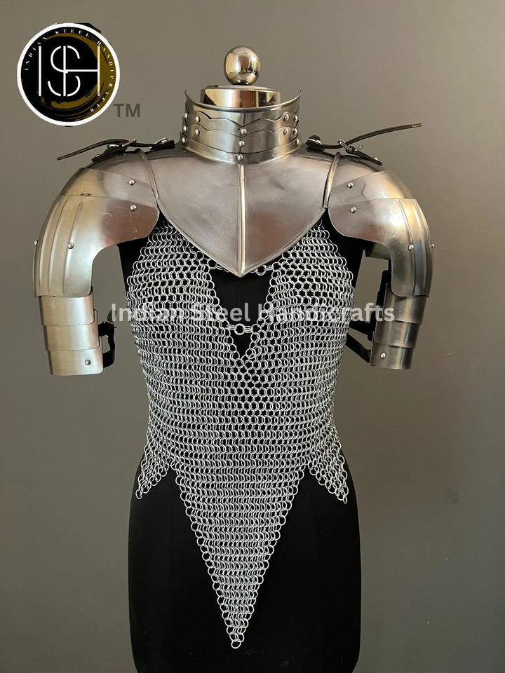Female Knight Armor: Steel Gorget & Pouldron, Chainmail - LARP Cosplay