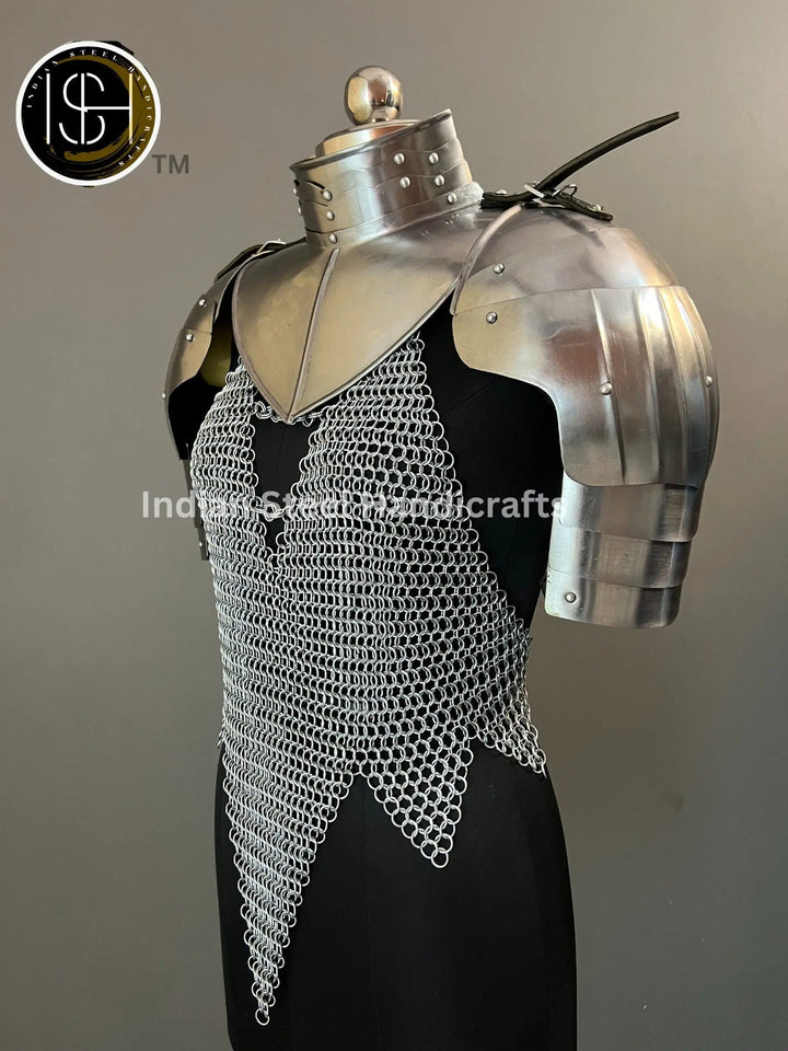Female Knight Armor: Steel Gorget & Pouldron, Chainmail - LARP Cosplay