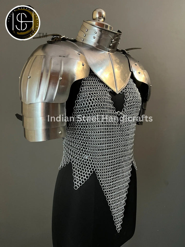 Female Knight Armor: Steel Gorget & Pouldron, Chainmail - LARP Cosplay