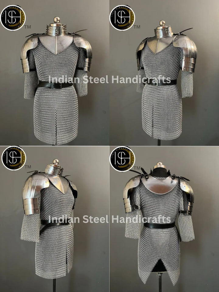 Female Knight Armor: Steel Gorget & Pouldron, Chainmail - LARP Cosplay
