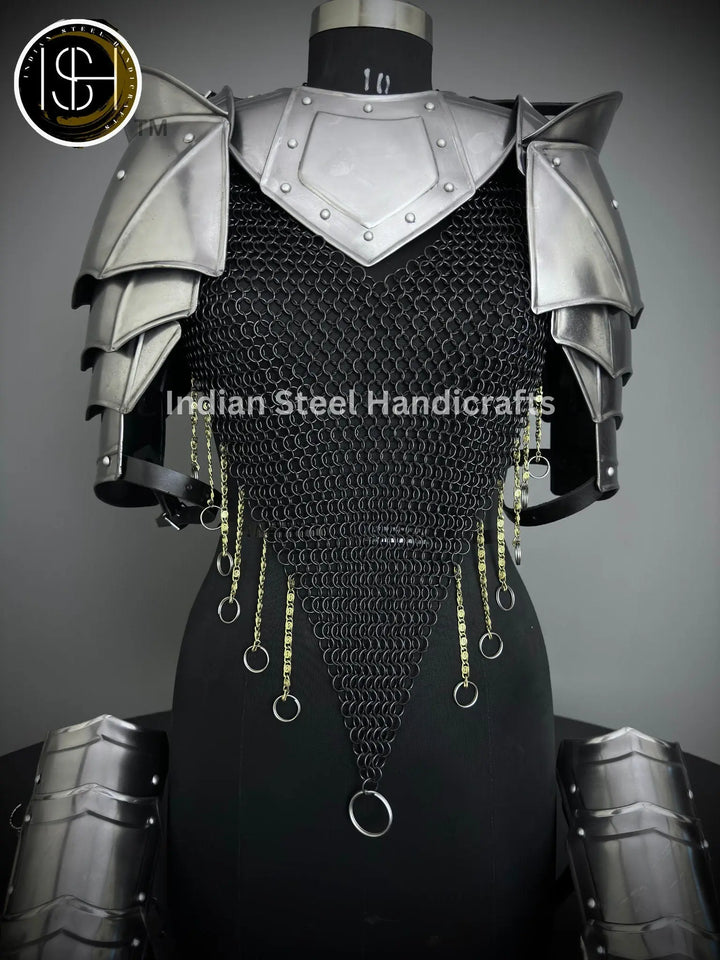Female Knight Armor: Steel Gorget, Pouldrons, Chainmail - SCA LARP Cosplay