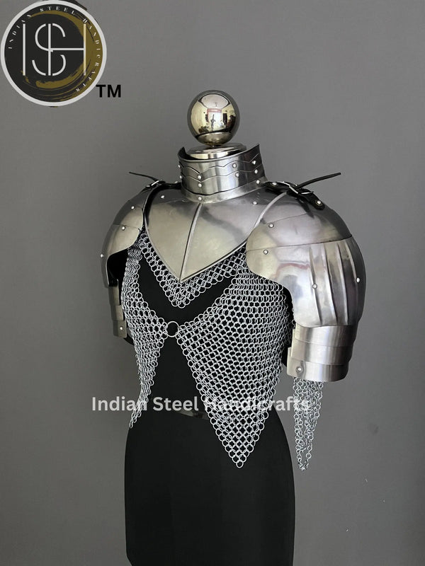 Pouldron armor, gorget armor, shoulder armor, knight armor, larp armor , medieval armor, fantasy armor, gift for her, gift for him, sca armor, cosplay armor, armor for sale, cosplay clothing, chainmale armor, chainmail corset
