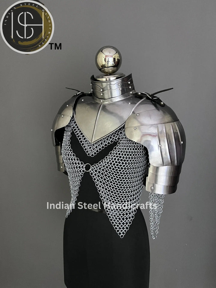 Pouldron armor, gorget armor, shoulder armor, knight armor, larp armor , medieval armor, fantasy armor, gift for her, gift for him, sca armor, cosplay armor, armor for sale, cosplay clothing, chainmale armor, chainmail corset