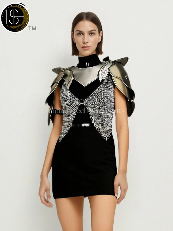 Female Knight Armor: Steel Gorget, Pouldron & Chainmail - LARP Cosplay