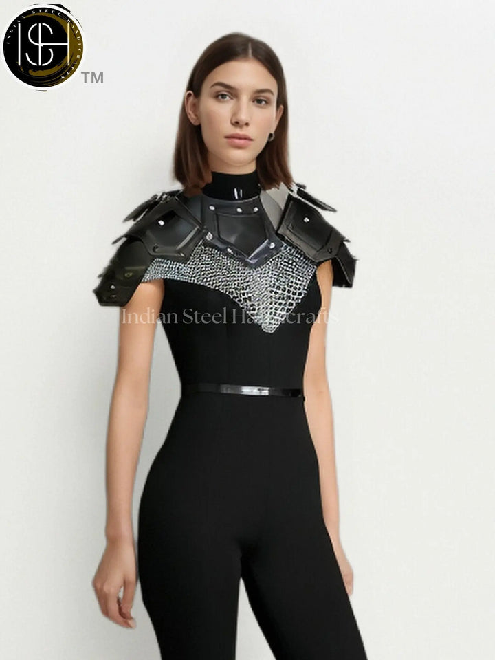 Female Knight Armor: Steel Gorget & Pouldron, Chainmail Top - LARP Cosplay