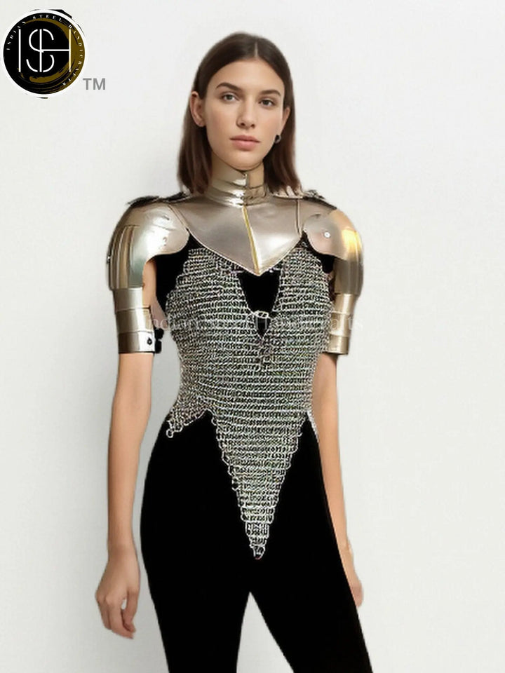 Female Knight Armor: Steel Gorget & Pouldron, Chainmail - LARP Cosplay