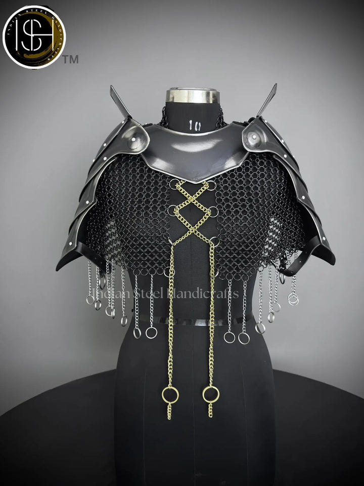 Female Knight Armor: Steel Gorget & Pouldron, Chainmail Top - LARP Cosplay