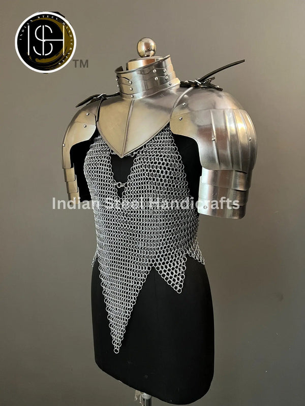 Female Knight Armor: Steel Gorget & Pouldron, Chainmail - LARP Cosplay