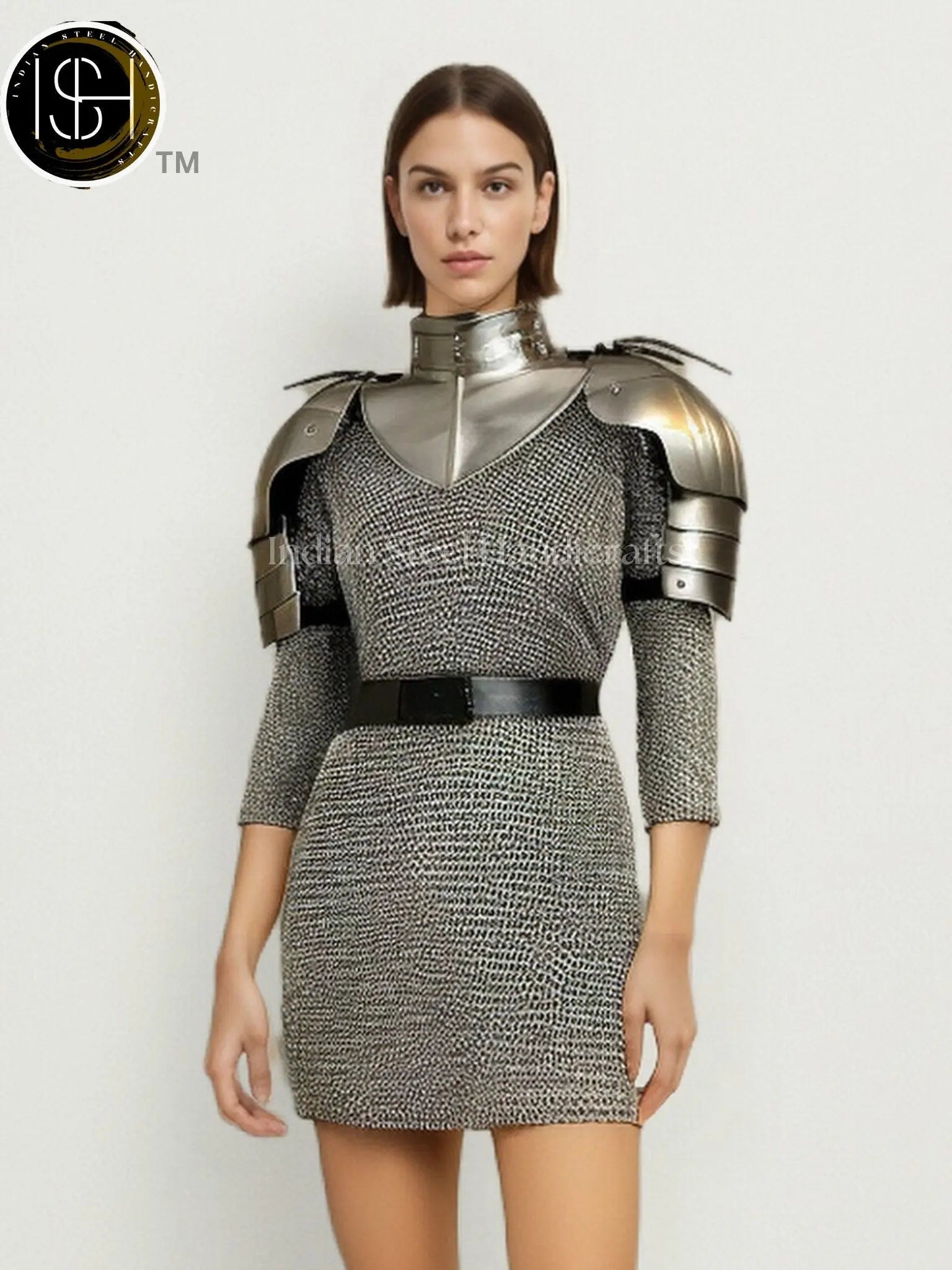 Female Knight Steel Chainmail Armor: Gorget & Pouldron Set, LARP SCA Cosplay