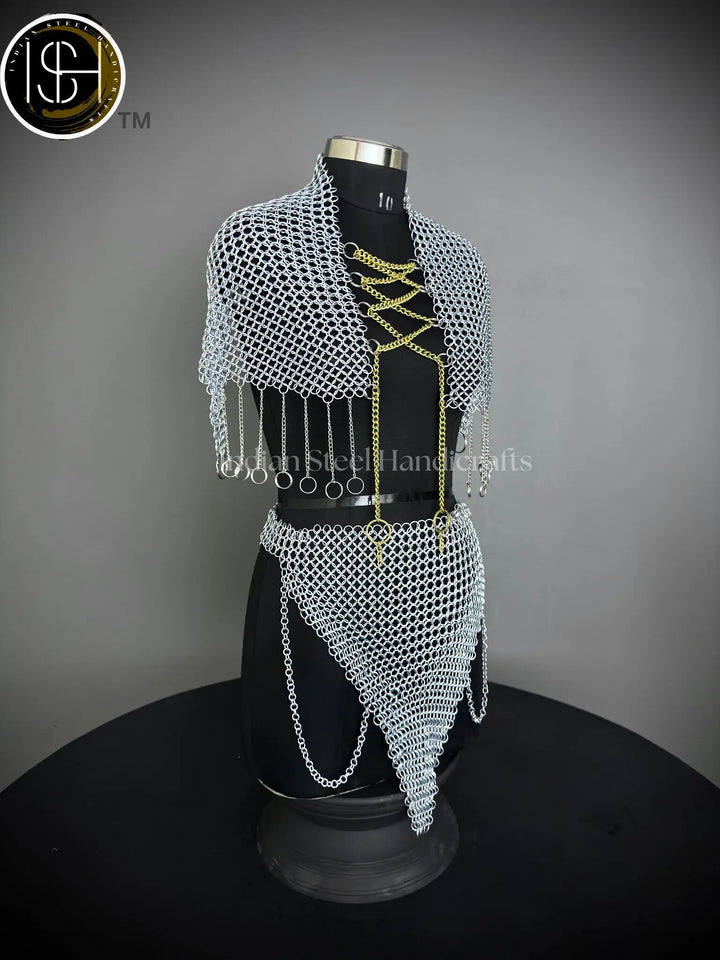 Chainmail Harness, Chainmail Chains Layers top & Skirt, Rings Costume, Wedding Cosplay Costume, Larp , Cosplay, Sca Armor, Gift For Women. ISH Collection