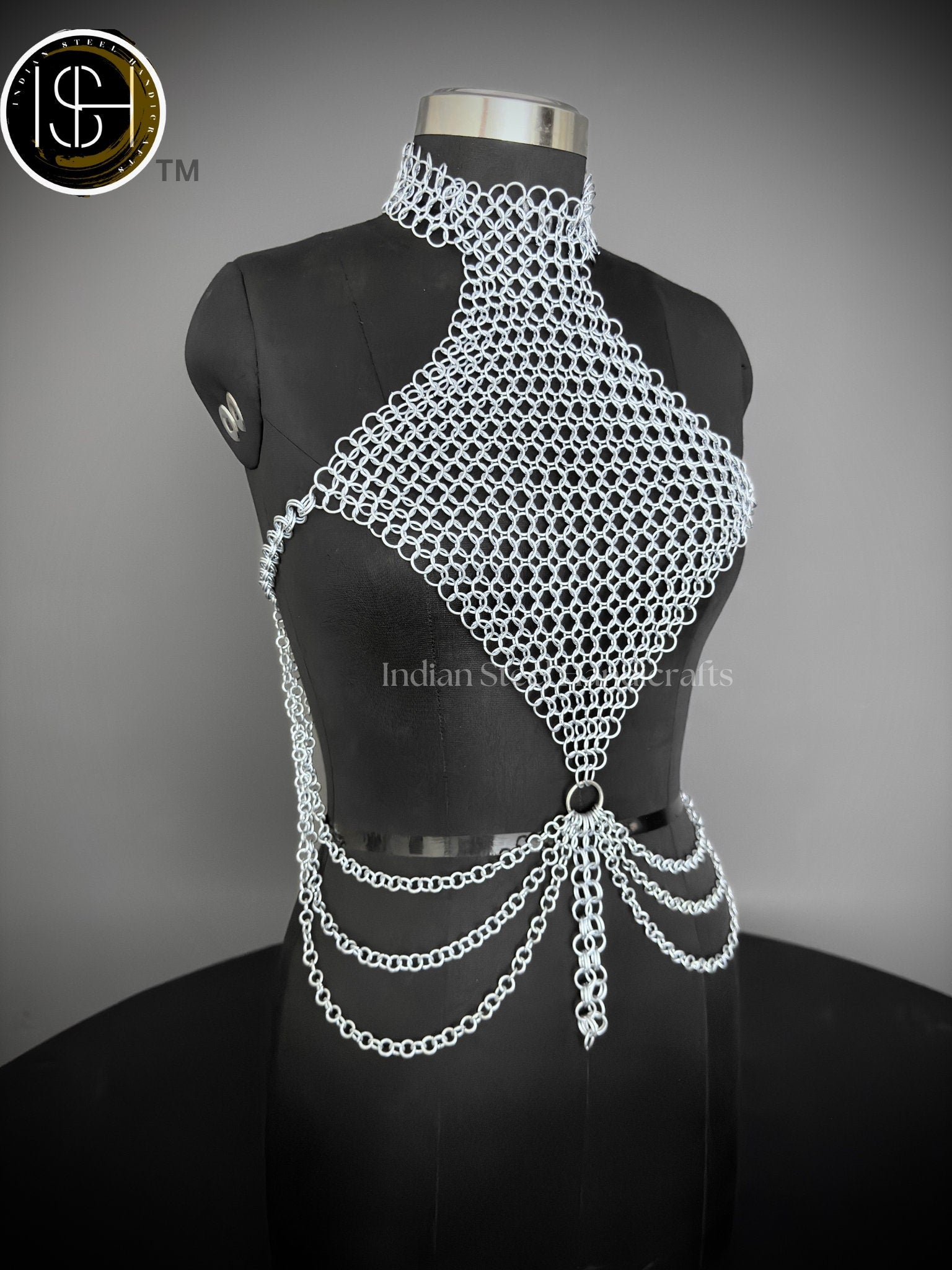 Medieval Butted Chainmail Armor, Fancy Top Halter Neck Chain Design Backless for Girls Fantasy Costume,