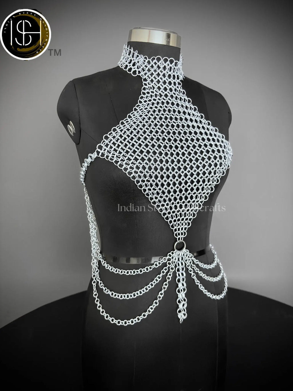 Medieval Butted Chainmail Armor, Fancy Top Halter Neck Chain Design Backless for Girls Fantasy Costume, ISH Collection