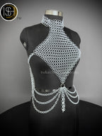 Medieval Butted Chainmail Armor, Fancy Top Halter Neck Chain Design Backless for Girls Fantasy Costume, ISH Collection