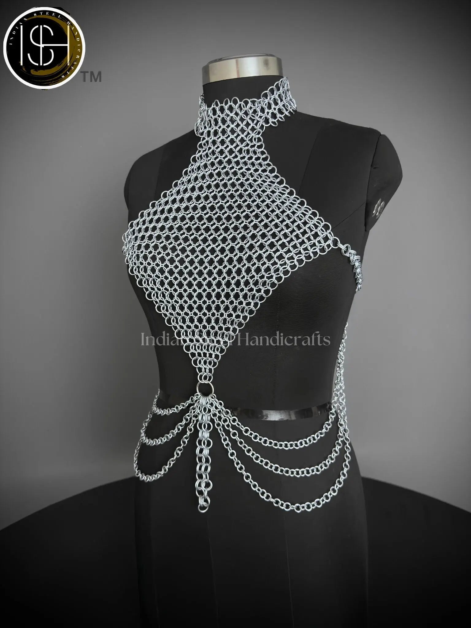 Medieval Butted Chainmail Armor, Fancy Top Halter Neck Chain Design Backless for Girls Fantasy Costume, ISH Collection