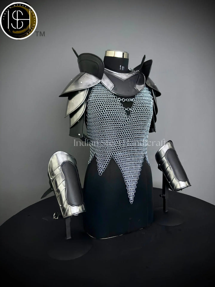 Female Knight Armor: Steel Gorget, Pouldrons & Chainmail - LARP Cosplay