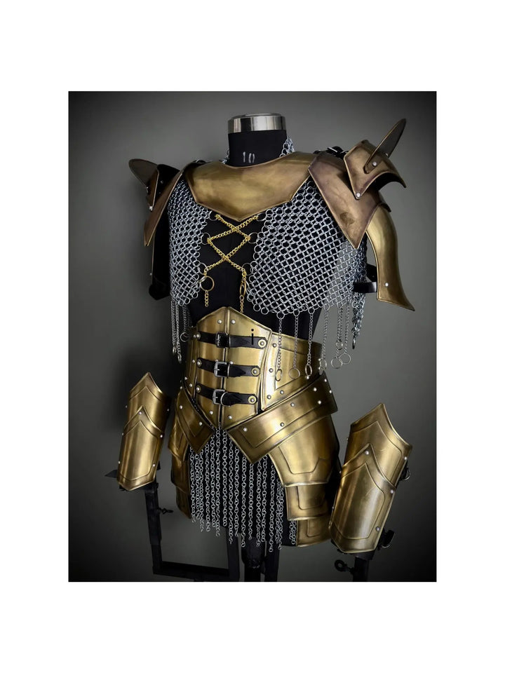 golden armor,
knight armor,
LARP female armor,
fantasy armor gift,
medieval costume,
chainmail,
fantasy lady armor,
cosplay armor,
cosplay set,
knight outfit,
Birthday Gift,
Gift for her,
Armor,