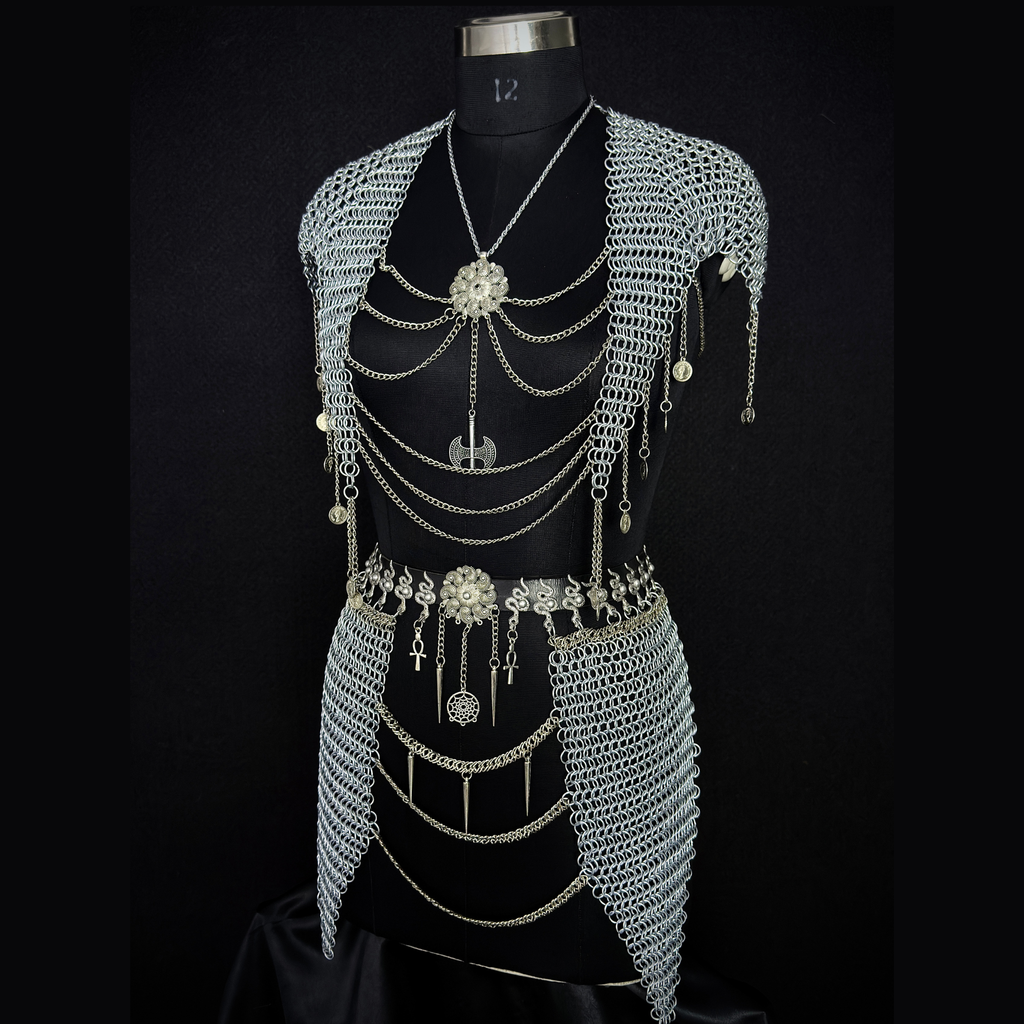 Medieval Chainmail Harness Set – Handwoven Steel Ring Armor Top & Skirt for Cosplay, LARP, Renaissance Festival