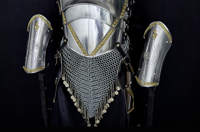 Full Body Medieval Knight Armor Suit – Gothic Steel Plate Armor with Gold Trim, LARP, Cosplay, Renaissance Costume