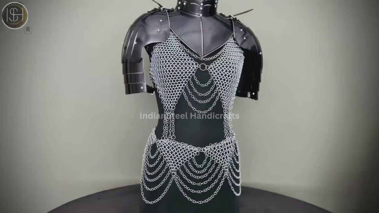 Medieval Viking Skirt & Top, Gorget pauldrons,Ren faire Chainmaille Handmade Medieval Cosplay Armor, SCA Larp Costume,