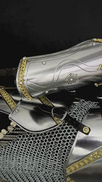 Full Body Medieval Knight Armor Suit – Gothic Steel Plate Armor with Gold Trim, LARP, Cosplay, Renaissance Costume